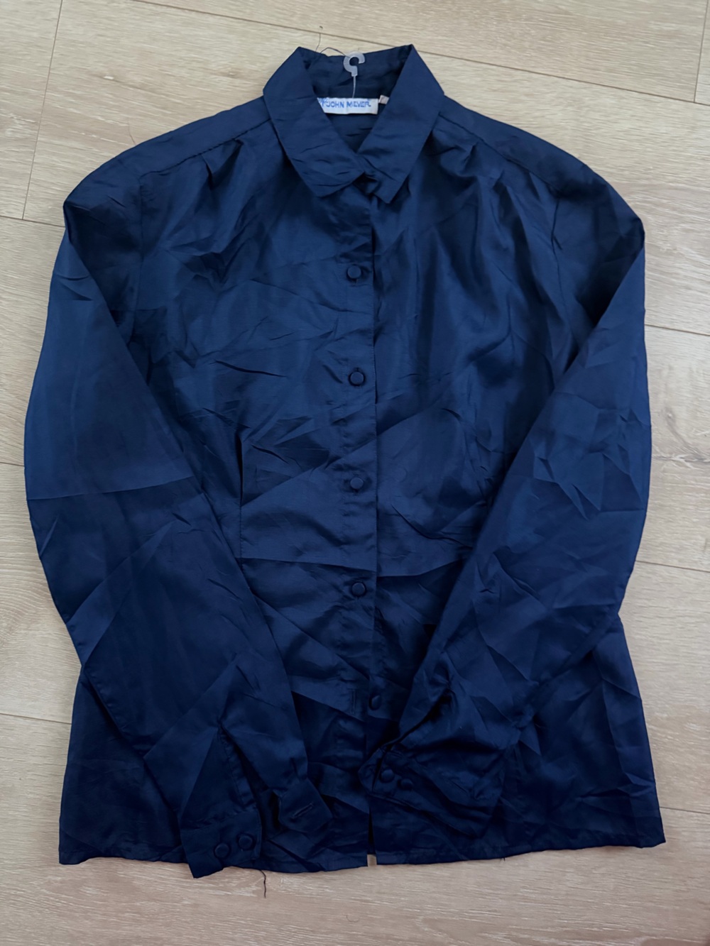 Vintage John Meyer Navy Blue Satin Long Sleeve Button Up Blouse